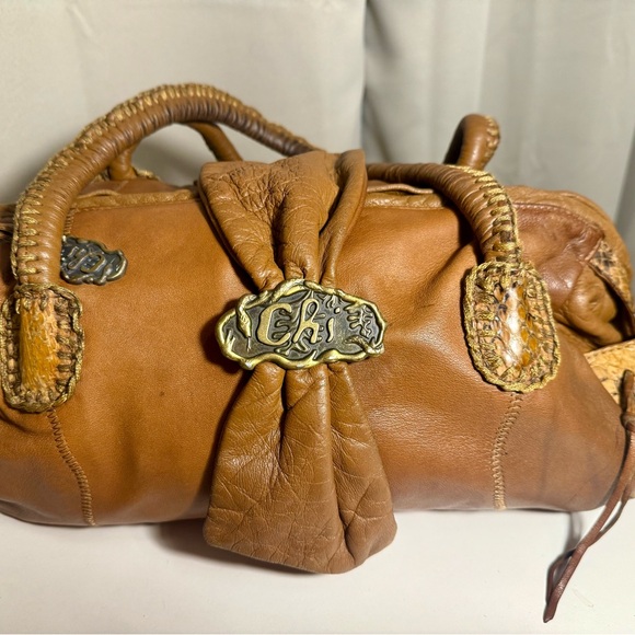 Vintage CHI Tan Leather Satchel- braided handles- snake logo plaque - Picture 1 of 10
